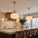 Vintage Pendant Light Fixture for Kitchen Island, Antique Brass Hanging Light with 13.8" Ribbed Milk White Glass Shade, Adjustable Chain Pendant Lighting for Dining Room, Entryway, Foyer, E26 Base