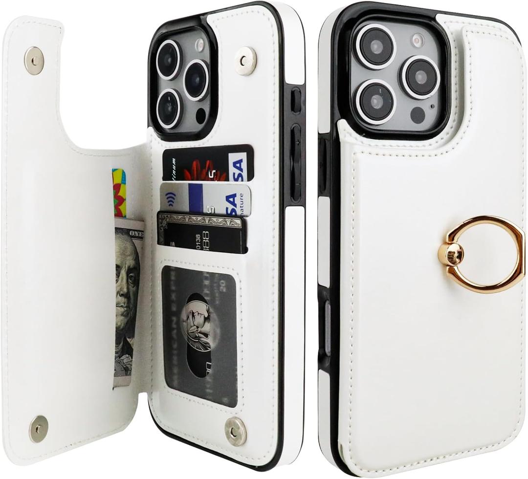 ONETOP for iPhone 16 Pro Max Wallet Case with Card Holder, 360 Rotation Ring Kickstand RFID Blocking PU Leather Double Magnetic Clasp Shockproof Cover for Women and Girls 6.9 Inch (White)
