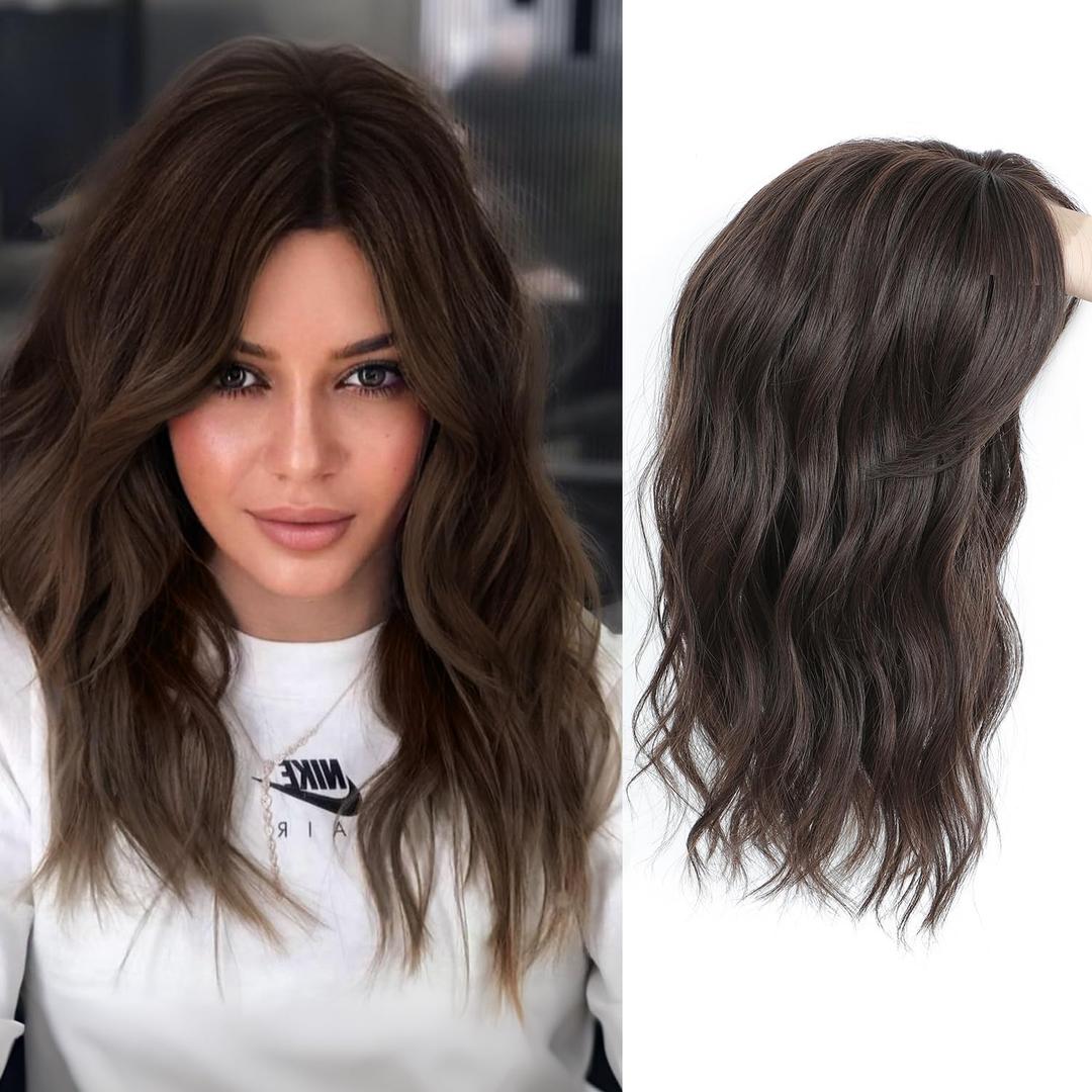 PANEWAY Hair Topper 16 Inch, Wavy Curly Soft Brown Clip-in Wiglet for Women, Synthetic Top Piece to Add Volume & Thickness