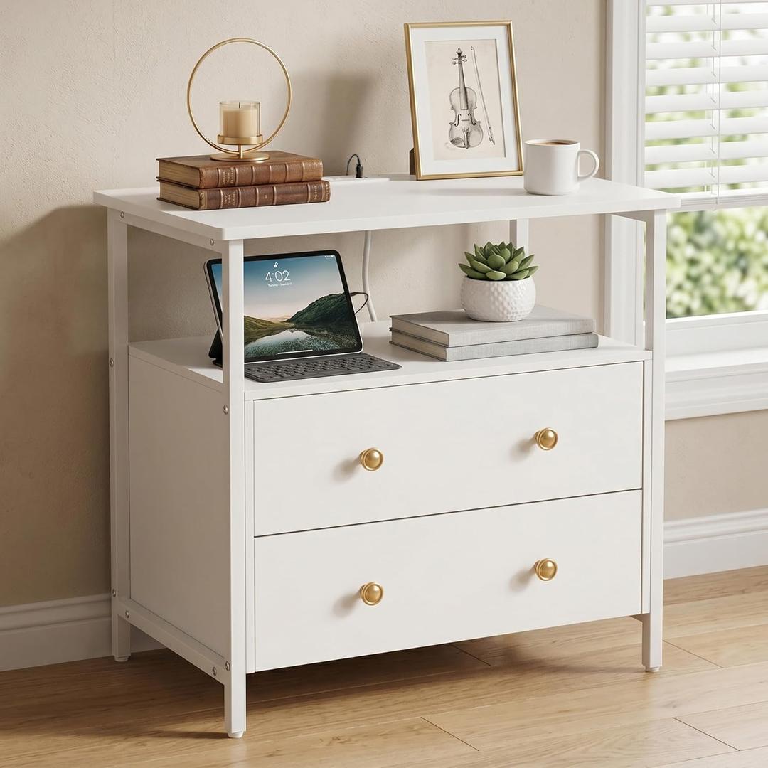 Edbuosy 27 inch Wide Night Stand with Charging Station, Bedside Table with Open Shelf, 2 Drawers Small Wood Dresser, Modern Wood Nightstand for Bedroom/Living Room (White)