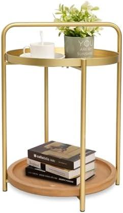 2 Tier Round Side Table, 16" Small Metal End Table with Removable Wooden Tray, Round Accent Sofa Coffee Side Table for Living Room, Bedroom, Balcony (Gold)