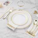 BESTVIP 700 PCS Gold Dinnerware Set for 100 Guests, Plastic Dinnerware Set for Party, Christmas, Include: 200 Plastic Plates, 100 Gold Silverware, 100 Cups, 100 Paper Napkins