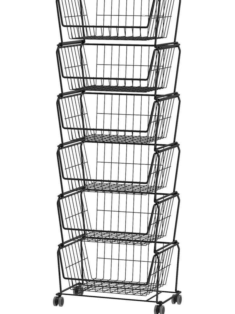 PUSDON Stackable Metal Storage Carts, Dual Use Shelf for Kitchen Fruit Vegetable Baskets with Wheels, Storage Rack for Living Room, Home & Office, Standard Black 6 Tiers