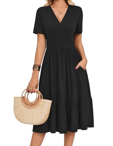 Zeagoo Women's V Neck Wrap Summer Casual Midi Tiered A Line Flowy Wedding Guest Dress with Pockets Short Sleeve Black Dresses, M