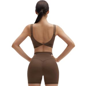 SUUKSESS Womens Workout Set Fitness Yoga Pilates Crop Tank Twist Back Cami High Waisted Tummy Control Bike Short (Brown, L)