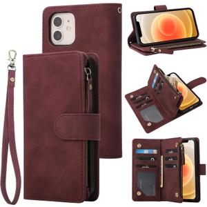 RANYOK Wallet Case Compatible with iPhone 12/12 Pro (6.1 inch), Premium PU Leather Zipper Flip Wallet RFID Blocking with Wrist Strap Magnetic Closure Built-in Kickstand Protective Case - Wine Red