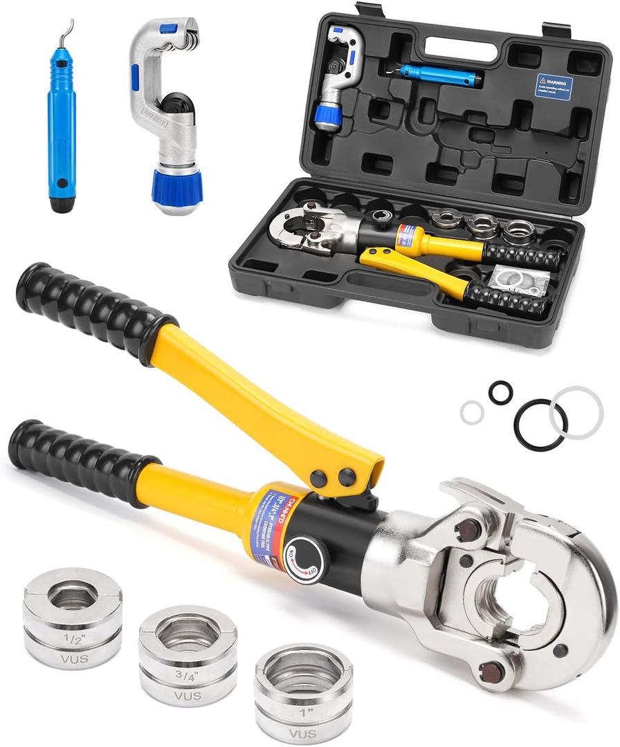 Hydraulic Copper Tube Fittings 1/2, 3/4, 1" Press Crimping Tool Kit Pex Pipe Crimper Pressing Pliers Stainless PEX Press Sleeves for Copper Pipe with Pipe Cutter