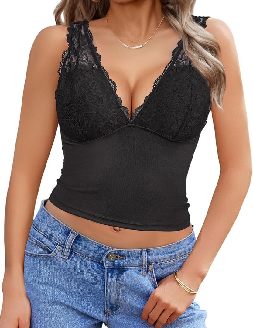 Avidlove Lace Tank Top for Women Summer Deep V Neck Y2K Crop Top Sexy Slim Fit Going Out Tops (Black), XL