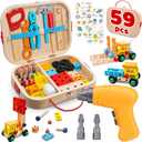 Kids Tool Set Toy for Boys - Educational Montessori Wooden Toddler Play Tool Box with Electric Drill - 59 Pcs STEM Construction Building Toys Christmas Birthday Gifts for 3 4 5 6 Year Old Boys Girls
