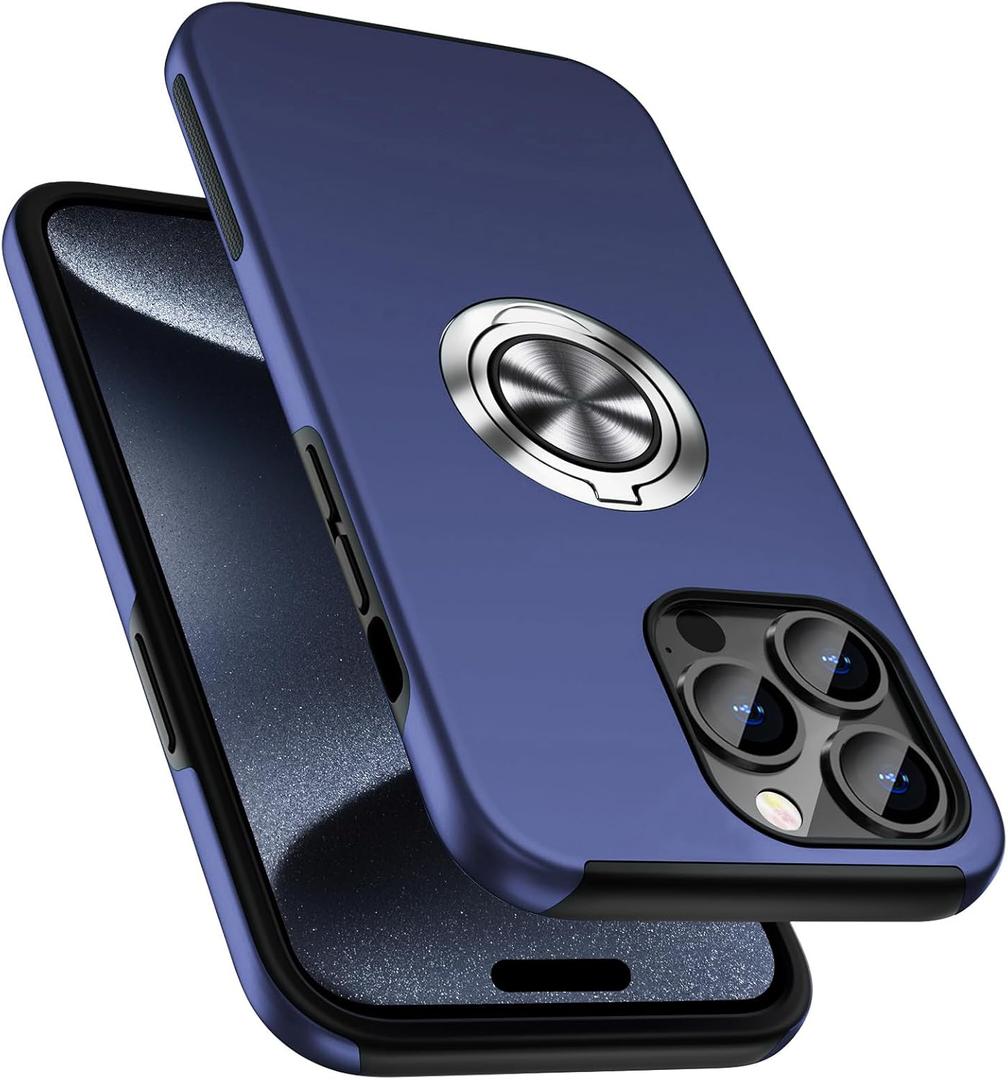 PELEPUES Shockproof Case for iPhone 15 Pro 6.1'', [Embedded Finger Ring] Military Grade Phone Case Cover with Reinforced Metal Stand Kickstand [Support Magnetic Car Holder] for iPhone 15 Pro, Blue
