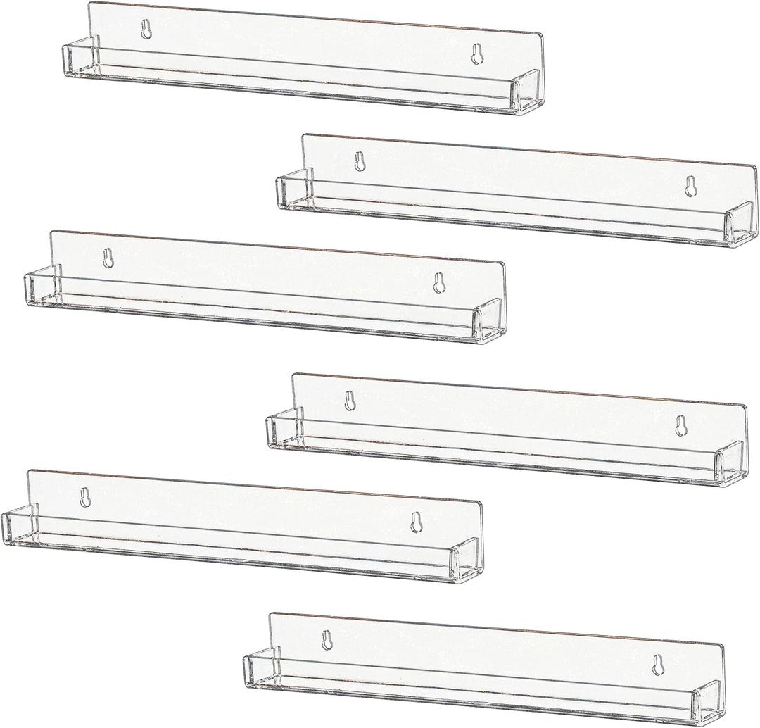 IEEK 6 PCS Acrylic Invisible Floating Bookshelf for Kids Room,15 inch Modern Picture Ledge Display Toy Storage Wall Shelf Vinyl Record Shelf U Shelves Storage Rack (Clear and Smooth)