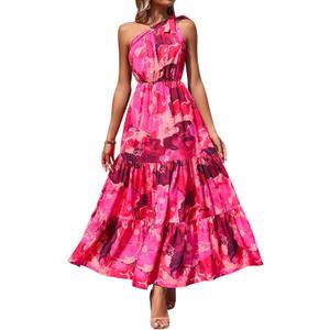 PRETTYGARDEN Women's Summer Floral Maxi Dress Knot One Shoulder Sleeveless Ruffle Flowy Boho Beach Wedding Guest Dresses (Rose Red Big Floral, Medium)