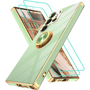 Gritup for Samsung Galaxy S23 Ultra Case: with 2Pcs Screen Protector, 360 Rotation Ring Holder Magnetic Kickstand, Plating Gold Edge Soft TPU Shockproof Protective Cover for S23 Ultra, Pea Green
