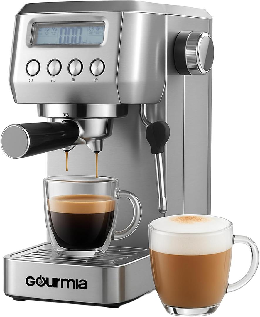 Gourmia Slim Espresso Machine with LCD Screen - Milk Frother, Adjustable Temperature, Manual & Auto Brew, Single/Double Shot, Hot Water Dispenser, Descaling Mode, Compact