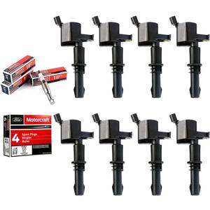 MAS Set of 8 Ignition Coils Pack Straight Boot & Motorcraft Spark plug SP546 SP515 Compatible with Ford F150 F250 F350 Super Duty Expedition Lincoln Navigator V8 5.4l Replacement for DG511 FD508