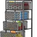 5 Tier Kitchen Storage Cart with Wheels, Utility Fruit Vegetable Storage Rack Stand with Pull-Out Baskets & Wood Top, Metal 4-Drawers Rolling Snack Cart, Kitchen Cart for Potato Onion(Black)