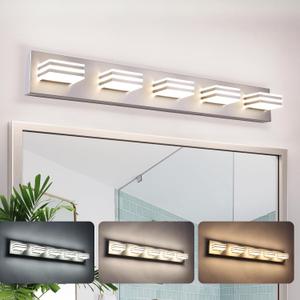 LED Wall Brushed Nickel Vanity Lights for Bathroom Light Fixtures 30W Adjust 3 Colors Modern Bath Ligting Over Mirror LED Vanity Light (5-Light, 34inch)
