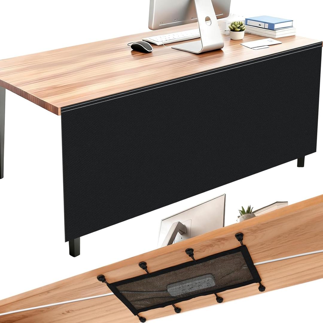 Tegeme 48'' Under Desk Privacy Panel with Cable Management Net Desk Skirt Self Adhesive Modesty Panel with Cord Organizer Pockets for Office Home Standing Workstation(Black)