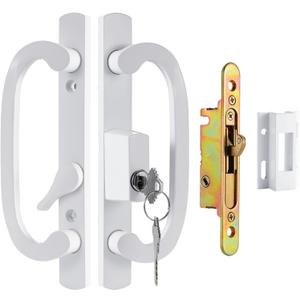 Keyed Sliding Patio Door Handleset, 45 Keyway, 3-15/16" H.C., Fits 1-3/8" to 2" Thick Doors, Non-Handed, White Diecast, Offset Position with Mortise Lock and KeeperOff Center Thumb Latch