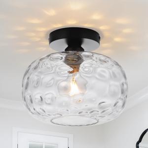 WILON Industrial Semi Flush Mount Ceiling - 9.84" Hammered Glass Ceiling Light Fixture Farmhouse Close to Ceiling Lights Black Kitchen Lighting Fixtures Ceiling Lamp for Hallway Bathroom Porch Foyer
