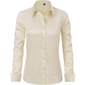 J.VER Womens Dress Shirts Long Sleeve Button Down Shirt Wrinkle-Free Business Casual Blouse Office Work Tops (X-Small, Beige)