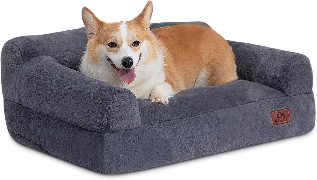 Hollypet Fluffy Plush Dog Cat Pet Couch Soft Calming Sofa Bed for Medium Small Cats and Dogs, Gray, M (28"L x 21"W x 10"Th)