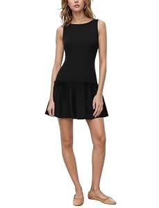 Women's Summer Dresses Tank Sleeveless Tunic Crew Neck Ruffle Hem Bodycon Mini Dress A-line Dress Casual Sundress Black, XS