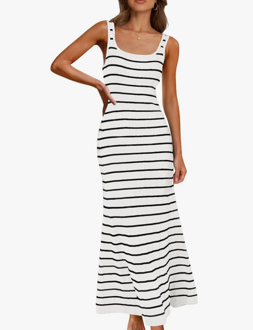 MEROKEETY Women's 2025 Sleeveless Summer Tank Dress Striped Bodycon Maxi Dress Square Neck Ribbed Knitted Sundress Size M