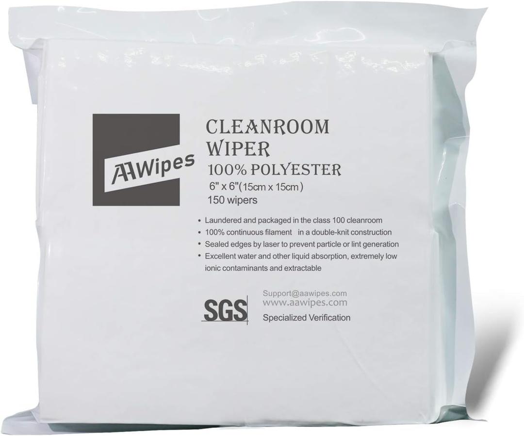 AAWipes Cleanroom Cloth Wipes 6"x6" (Bag of 150 Pcs) Double Knit 100% Polyester Wipers Lint Free Cloths with Ultra-fine Filaments, Laser Sealed Edge, Class 100 Cloths, Ultra-soft Wipes
