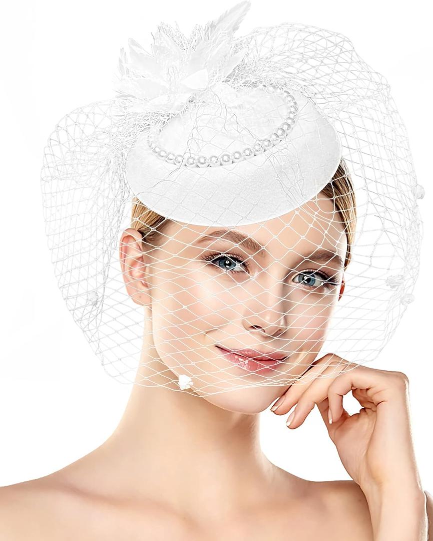 1920s Vintage Fascinators Hats Pillbox Hat with Veil Top Hat for Women Cocktail Tea Party Wedding Halloween Christmas (One Size)