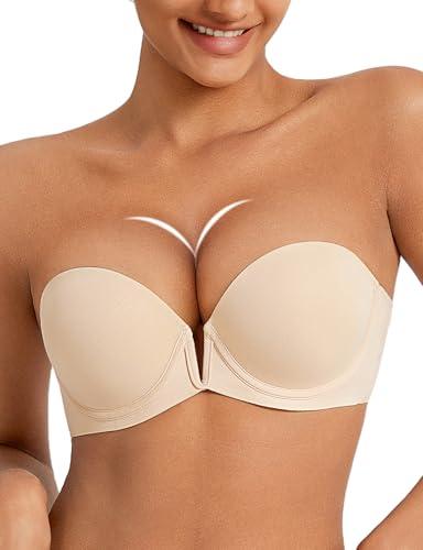 Rasback Strapless Push Up Bras for Women Deep Plunge Thick Padded Add 1 Cup Underwire Bra Beige 34B
