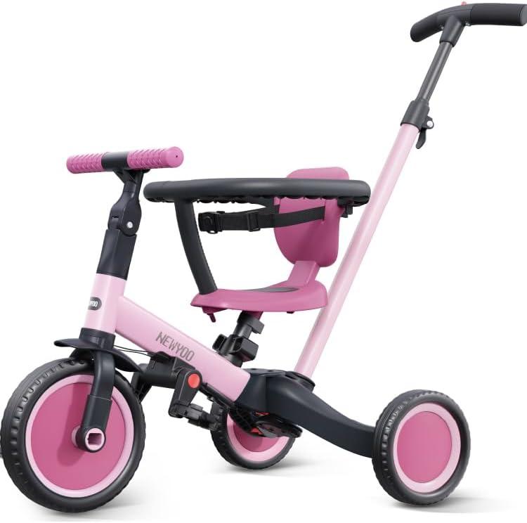 newyoo Tricycle for Toddlers 1-3, Toddler Bike, 5 in 1 Trike with Push Handle, Christmas and Birthday Gift and Toy for Girls, Convert to Baby Balance Bike, Pink, TR008