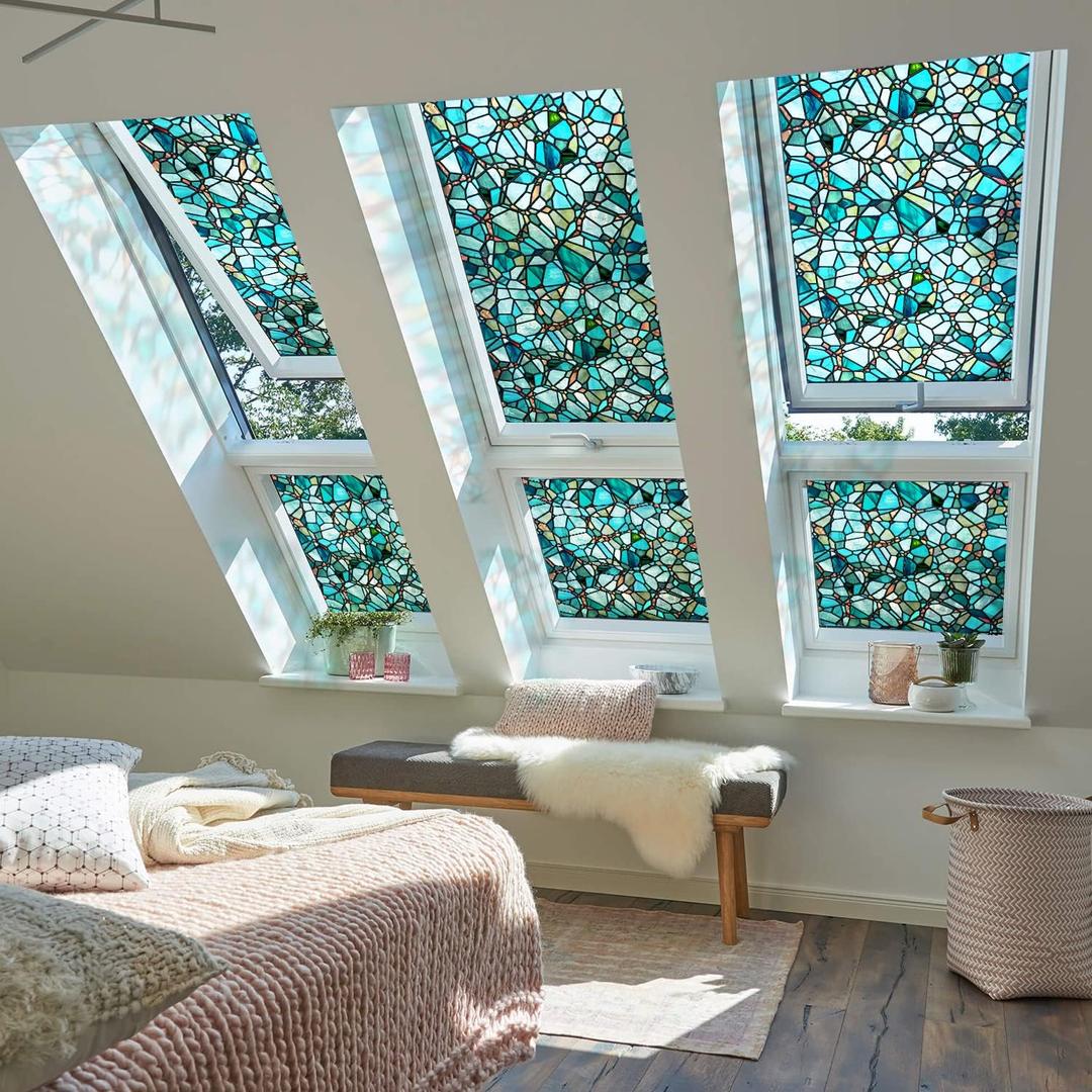 funlife Original Hand-Drawn Faux Stained Glass Window Film, Double-Sided Static Cling Window Cling Suitable for Entryway, Reusable Non-Adhesive Glass Decor, 11.8"x118", Spring Pine Cobblestones