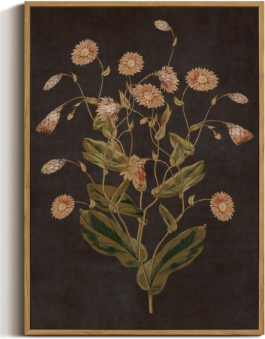 WALLZK Vintage Framed Wall Art Botanical Canvas Prints Painting Dark Moody Floral Wall Decor Retro Wildflower Pictures Artwork for Walls Living Room Bedroom Bathroom 8"x10"