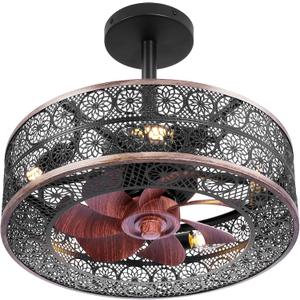 REDSTAR Small Caged Ceiling Fans with Lights, Black Industrial Ceiling Fan with Light and Remote, Farmhouse Ceiling Fan Light for Living Room, Bedroom, Kitchen, 17.7in