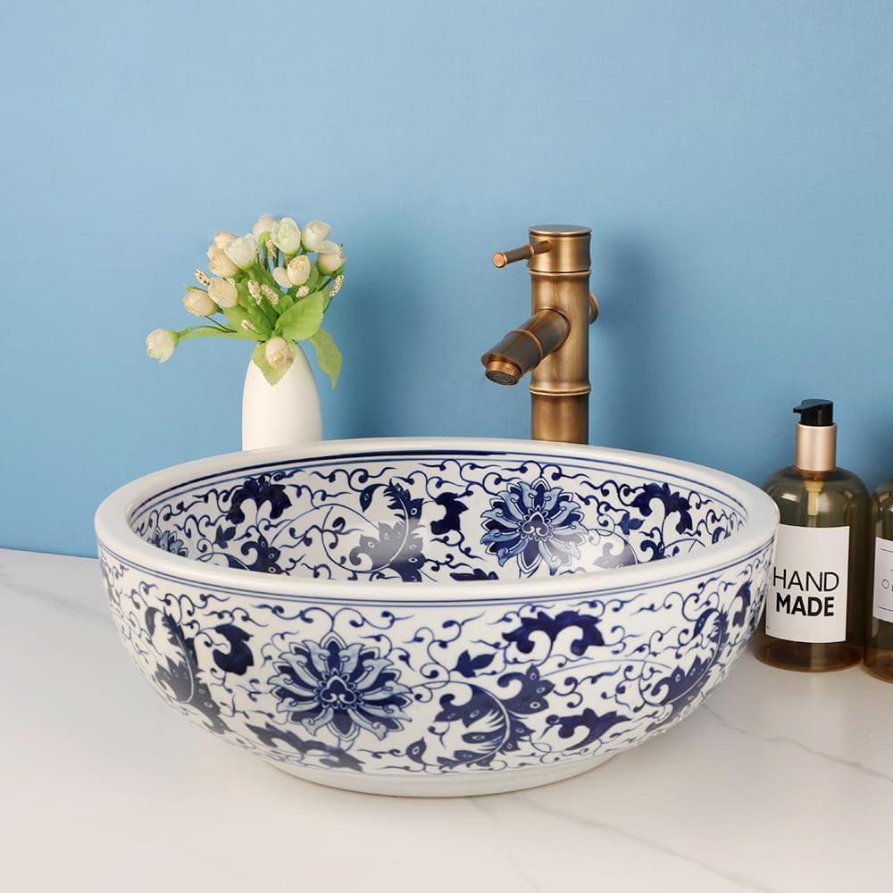 18 Inch Bathroom Vessel Sink with Bamboo Shape Faucet and Pop-Up Drain Combo,Blue and White Porcelain Ceramic Vessel Sink Bowl Above Counter Round Bathroom Sink Basin, 18x18x6 inches