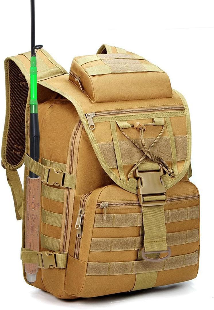 Fishing Tackle Backpack with Rod Gear Rack - Lightweight, Waterproof Arrow Fish Tactical Bag for Fishing, Hiking, Camping, Hunting Shoulder Storage Bag Travel Backpack Large Capacity Laptop Bag (Muddy)