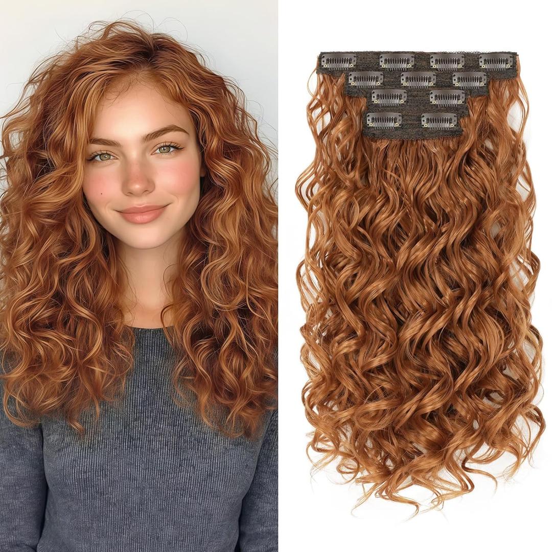 Curly Clip In Hair Extensions, 4PCS 16 Inch Ginger Copper Extensions Clip Ins, Lace Weft Short Curly Invisible Natural Hairpieces for Women