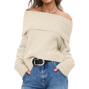 ANRABESS Off The Shoulder Sweaters for Women 2025 Fall Turtleneck Long Sleeve Fuzzy Knit Warm Casual Winter Sweater, Medium, Beige 