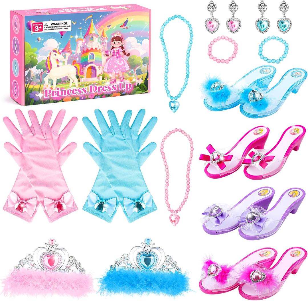 DISHIO Girls Princess Dress Up Shoes and Jewelry Boutique Upgraded Princess Shoes and Accessories with 4 Pair of Princess Play Shoes and Jewelry Set for Toddlers Little Girls Aged 3 4 5 6