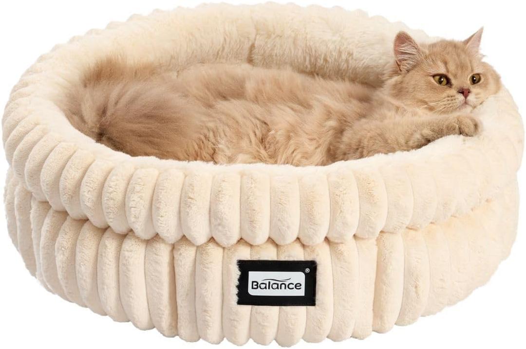 BALANCE Cat Bed Kitten Bed, Washable Round Cat Beds for Indoor Cats,Super Soft Plush Faux Fur Pet Bed for Puppy and Kitten with Anti-Slip Bottom (20.0"L x 20.0"W x 8"Th, Winter White)
