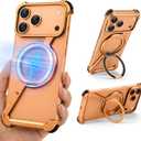 Z Metal Case for iPhone 17 Pro Max Frameless, Aluminum Alloy Bumper Compatible with Magsafe Kickstand Minimalist Shockproof Cool Cover Hard Shell with 360Ring Holder Magnetic Stand, Orange