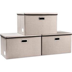 PRANDOM Extra Large Collapsible Storage Bins with Lids [3-Pack] Linen Fabric Foldable Storage Baskets Boxes Organizer Containers Cube with Cover for Bedroom Closet Office Nursery (22.8x15.7x13.8) (Light Grey)