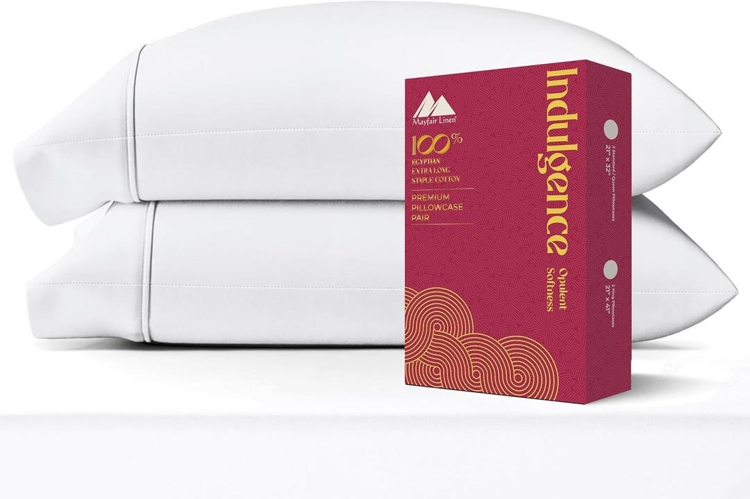 Mayfair Linen 100% Egyptian Cotton Pillow Cases Queen Size Set of 2 - Luxury 1200 Series Standard/Queen Pillow Cases (White), Silky Soft Sateen Cotton Pillowcases Fits Standard Size Pillows