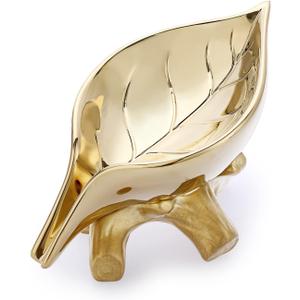 JUXYES Ceramic Soap Dish Holder Self Draining, Unique Waterfall Soap Dish Leaf Shape Decorative Soap Dish Tray Tabletop Drainable Soap Saver Bathtub Waterfall Soap Dish Holder for Bathroom Shower (Golden)