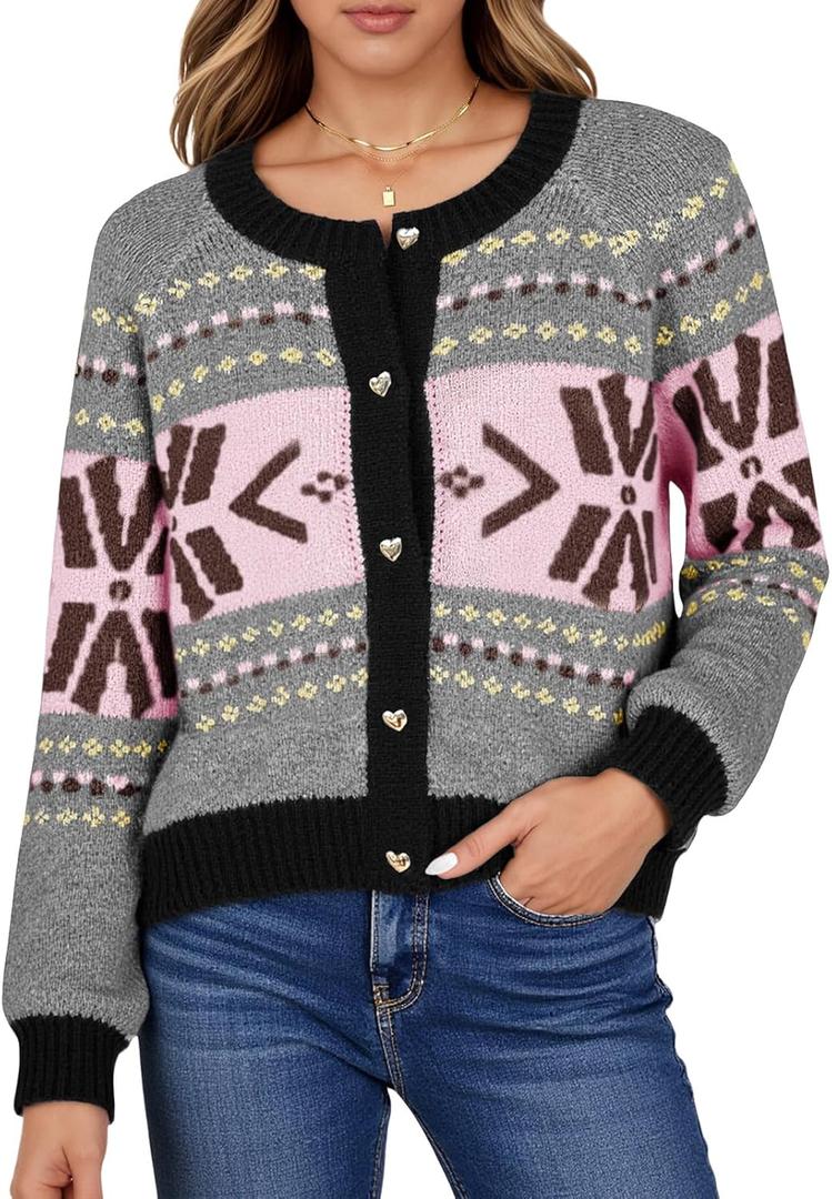 Saodimallsu Womens Button Up Cardigan Sweaters Crew Neck Vintage Fair Isle Long Sleeve Warm Knit Christmas Sweater Coats (Large, Light Pink)