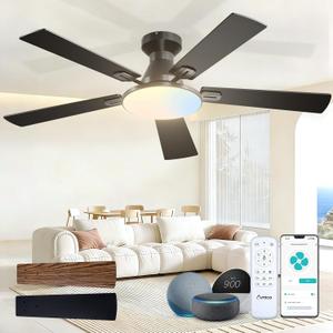 Amico Ceiling Fans with Lights, 52 inch Smart Ceiling Fan with Remote/APP/Alexa Control, Flush Mount, Reversible DC Motor, 5 Blades, 6 Speeds, 3CCT, Dimmable, Noiseless, Bedroom, Living Room, Black