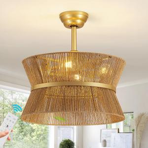Boho Fandelier Ceiling Fan with Light and Remote Rattan Chandelier Fan Gold Caged Ceiling Fan with Light for Bedroom, Living Room Nursery Foyer Kitchen（6 Speed, Timing Adjustable Height）, Medium