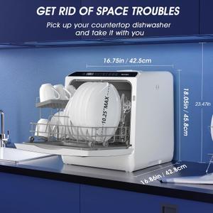AIRMSEN Portable Countertop Dishwashers, 5 Washing Programs Mini Dishwashers with 1.2 Gal Built-in Water Tank and Double-layered Glass Door, No Hookup Needed for Home, Apartments & RVs