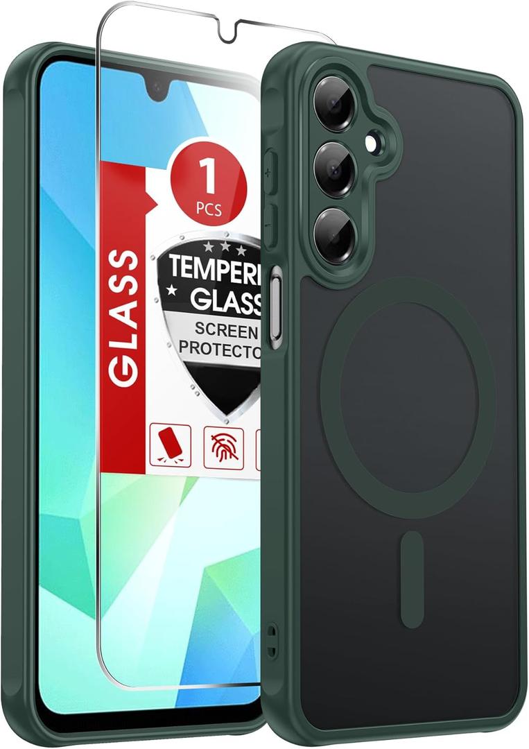 LeYi for Galaxy A16-5G Phone Case: Compatible for Samsung A16 5G Case [Magnet Fit] with Screen Protector, Frosted Translucent Soft-Touch Skin & Full Body Protection Funda para A 16, Green